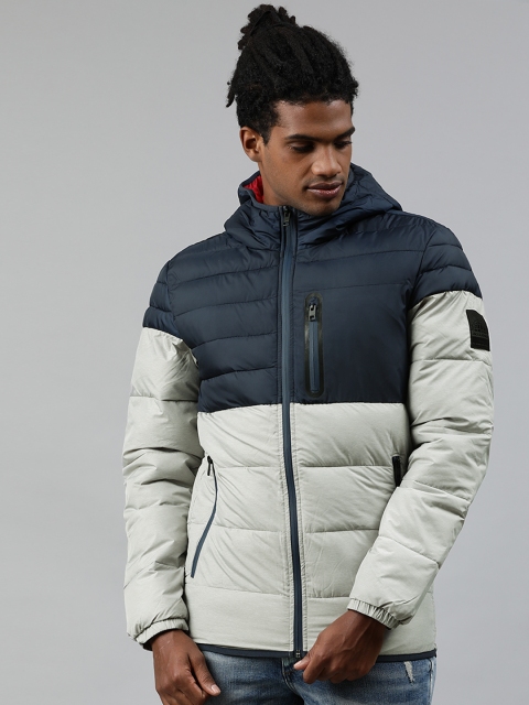 

Jack & Jones Men Grey & Navy Blue Colourblocked Puffer Jacket