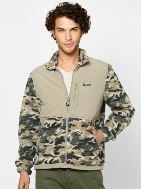 

Jack & Jones Men Beige & Olive Green Camouflage Printed Faux Fur Tailored Jacket