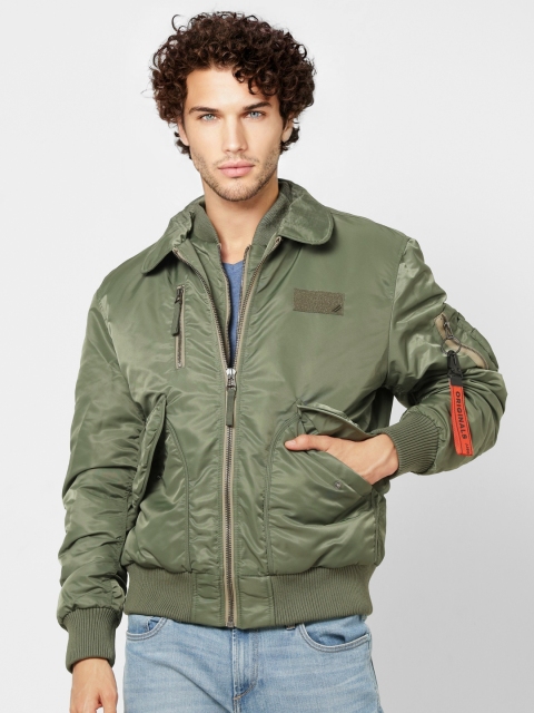 

Jack & Jones Men Olive Green Solid Water Repellent Bomber