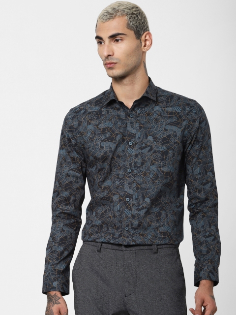 

Jack & Jones Men Navy Blue & Yellow Slim Fit Printed Smart Casual Shirt