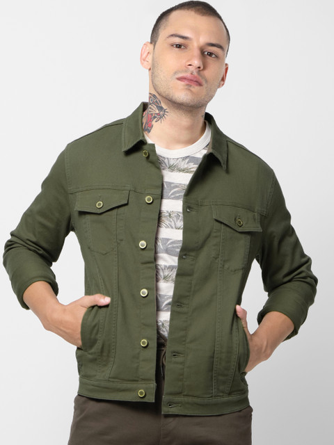 

Jack & Jones Men Olive Green Solid Denim Jacket