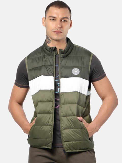 

Jack & Jones Men Olive Green & White Colourblocked Padded Jacket
