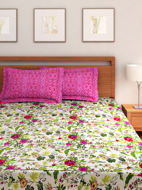 

Portico New York White & Green Cotton Double Bedsheet with 2 Pillow Covers