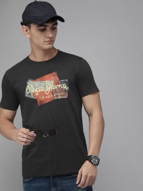 

Pepe Jeans Men Charcoal Grey Slim Fit Printed Round Neck Pure Cotton T-shirt