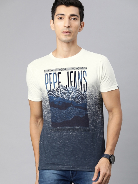 

Pepe Jeans Men White Blue Slim Fit Printed Round Neck Pure Cotton T-shirt