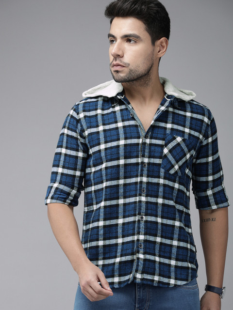 

Pepe Jeans Men Blue & White HYDEN IP Regular Fit Checked Pure Cotton Hooded Casual Shirt