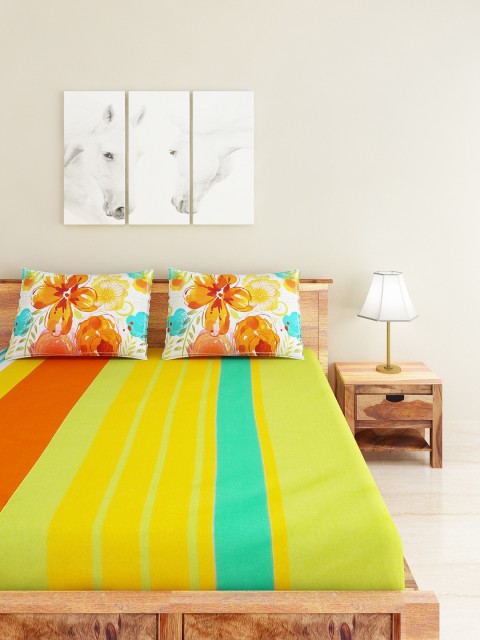

Portico New York Green & Orange Cotton Double Bedsheet with 2 Pillow Covers