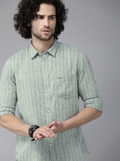 

Pepe Jeans Men Green CREW LS IP Regular Fit Striped Casual Shirt