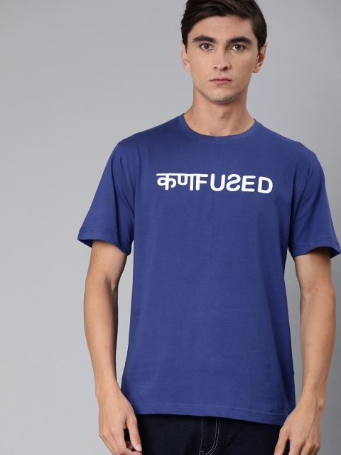 

BE AWARA Men Blue Printed Round Neck Pure Cotton T-shirt