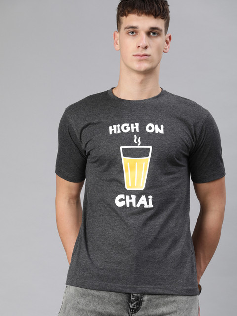 

BE AWARA Men Charcoal Printed Round Neck T-shirt