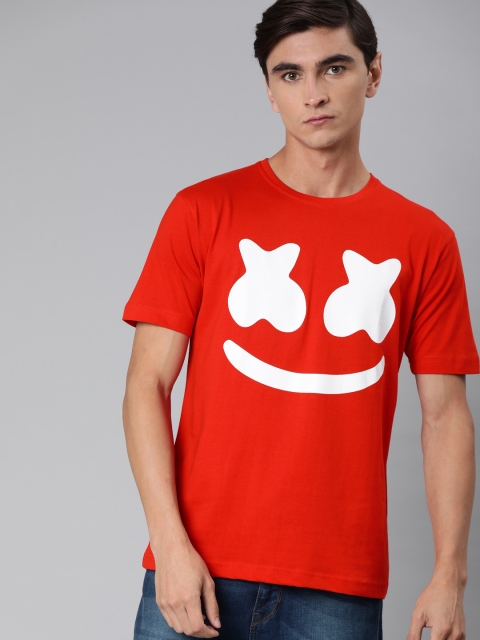 

BE AWARA Men Red Printed Round Neck T-shirt