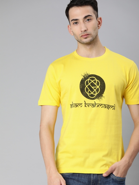 

BE AWARA Men Yellow Printed Round Neck T-shirt