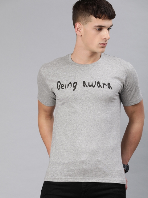 

BE AWARA Men Grey Melange Printed Round Neck T-shirt