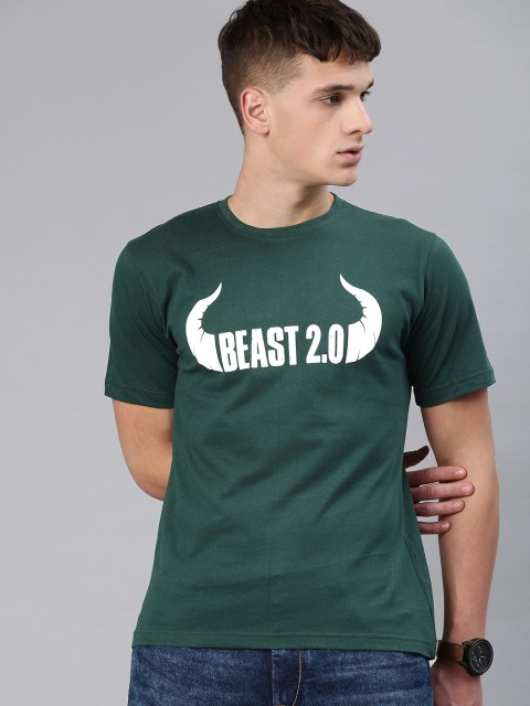 

BE AWARA Men Green Printed Round Neck T-shirt