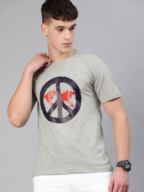 

BE AWARA Men Grey Melange Printed Round Neck T-shirt