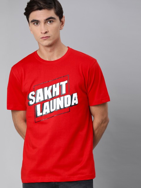 

BE AWARA Men Red Printed Pure Cotton Round Neck T-shirt