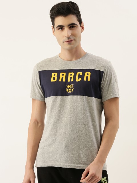 

FC Barcelona Men Grey Melange & Navy Blue Brand Logo Print Round Neck T-shirt