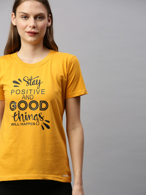 

BRATMA Women Mustard Yellow Printed Round Neck T-shirt