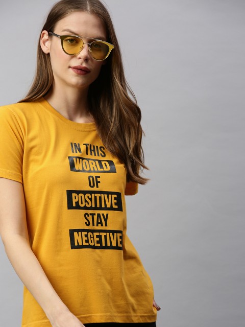 

BRATMA Women Mustard Yellow & Black Printed Round Neck T-shirt