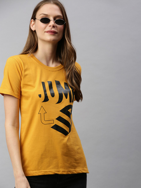 

BRATMA Women Mustard Yellow Printed Round Neck T-shirt