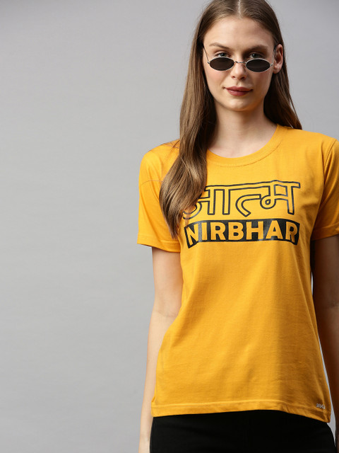 

BRATMA Women Mustard Yellow Printed Round Neck T-shirt