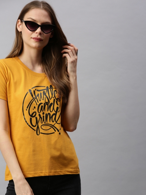 

BRATMA Women Mustard Yellow Printed Round Neck T-shirt