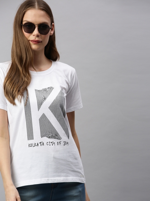 

BRATMA Women White Printed Round Neck T-shirt