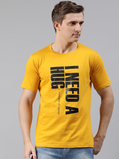 

BRATMA Men Mustard Yellow & Navy Blue Printed Round Neck T-shirt