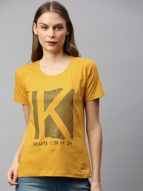 

BRATMA Women Mustard Yellow Printed Round Neck T-shirt