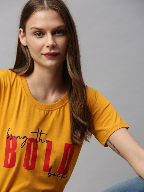 

BRATMA Women Mustard Yellow Printed Round Neck T-shirt