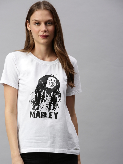 

BRATMA Women White Marley Printed Round Neck T-shirt