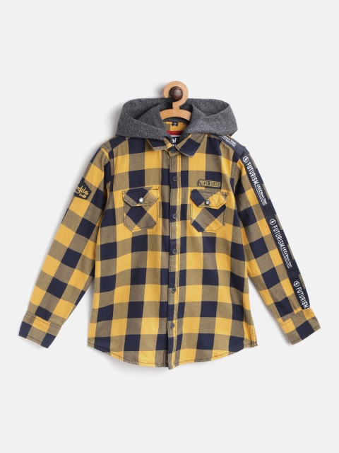 

RUFF Boys Yellow & Navy Blue Slim Fit Checked Hooded Casual Shirt