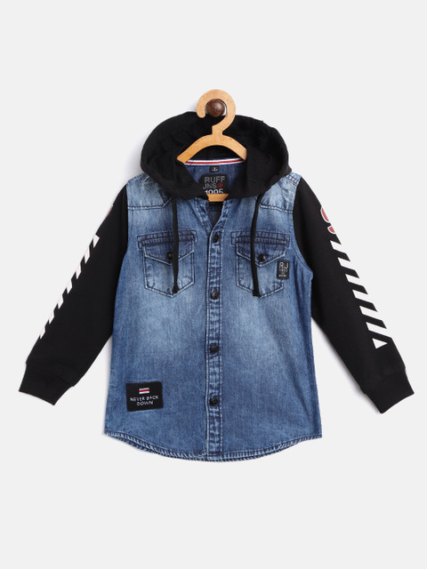 

RUFF Boys Blue & Black Denim Slim Fit Faded Hooded Casual Shirt