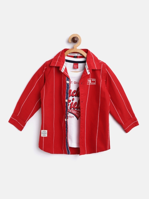 

RUFF Boys Red & White Slim Fit Striped Casual Shirt with T-shirt