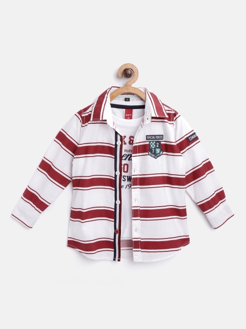 

RUFF Boys White & Maroon Slim Fit Striped Casual Shirt with T-shirt