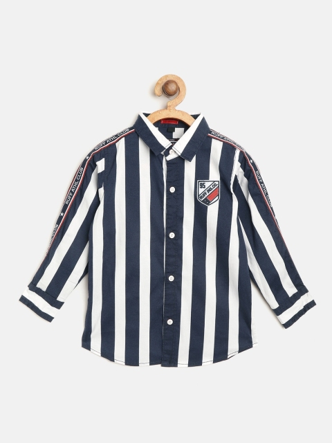 

RUFF Boys Navy Blue & White Slim Fit Striped Casual Shirt