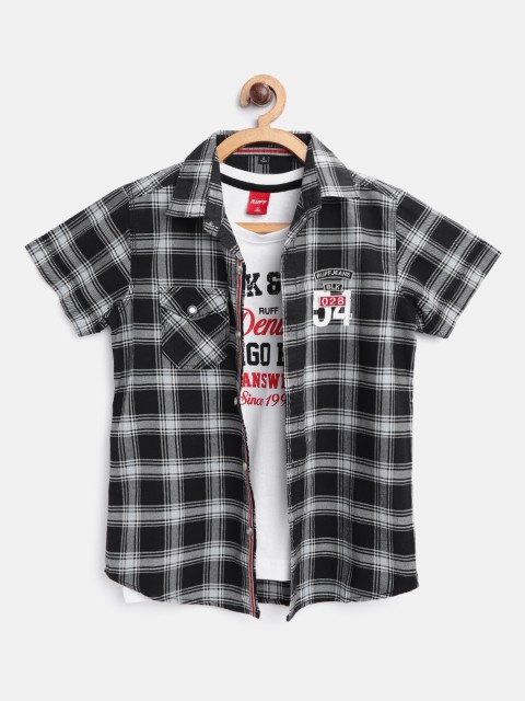 

RUFF Boys Black & Grey Slim Fit Checked Casual Shirt with T-shirt