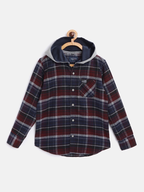 

RUFF Boys Navy Blue & Maroon Slim Fit Checked Hooded Casual Shirt