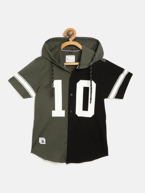 

RUFF Boys Olive Green & Black Slim Colourblocked Varsity Print Hooded Knit Casual Shirt