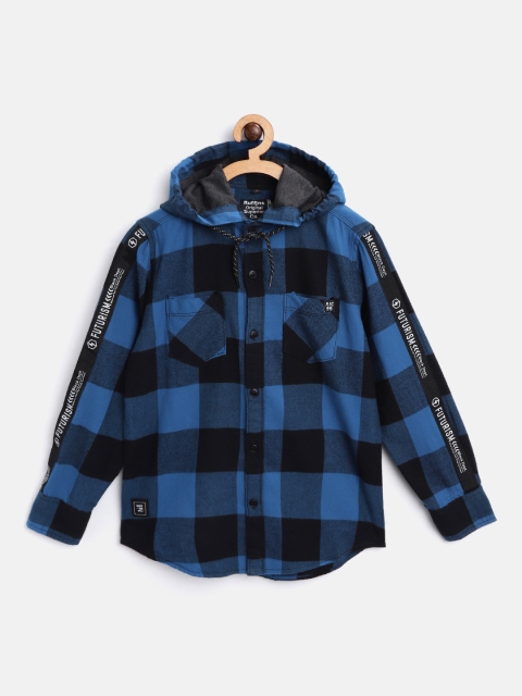 

RUFF Boys Blue Slim Fit Checked Hooded Casual Shirt