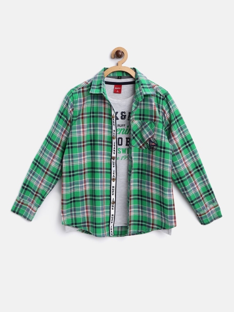 

RUFF Boys Green & White Slim Fit Checked Casual Shirt with T-shirt