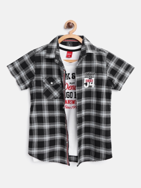 

RUFF Boys Black & Grey Slim Fit Checked Casual Shirt with T-shirt