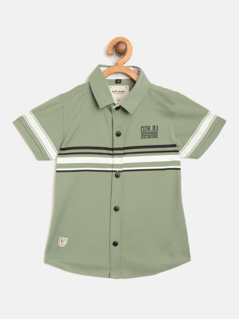 

RUFF Boys Olive Green & White Slim Fit Striped Knitted Casual Shirt