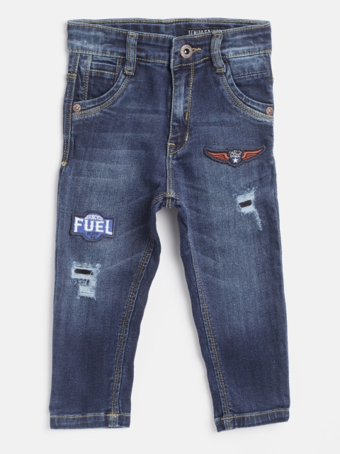 

RUFF Boys Navy Blue Slim Fit Mid-Rise Low Distress Applique Detail Stretchable Jeans