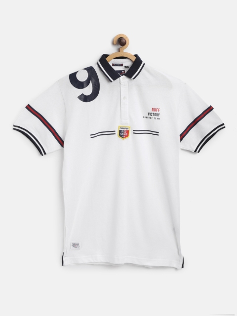 

RUFF Boys White & Navy Printed Detail Polo Collar T-shirt