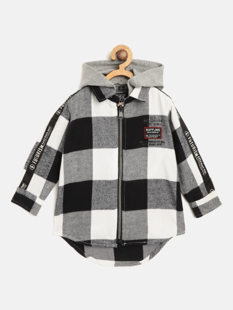 

RUFF Boys Black & White Slim Fit Self-Checked Flannel Shirt with Detachable Hood