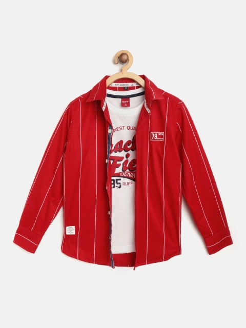 

RUFF Boys Red & White Slim Fit Pinstriped Casual Shirt with Printed T-Shirt