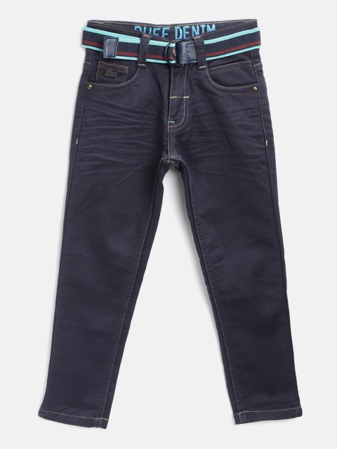 

RUFF Boys Navy Blue Slim Fit Mid-Rise Clean Look Stretchable Jeans With Belt