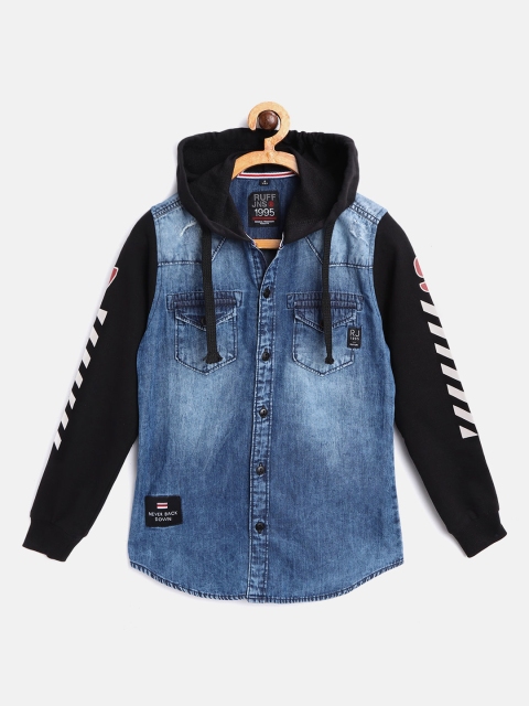 

RUFF Boys Blue & Black Slim Fit Colourblocked Hooded Washed Denim Shirt