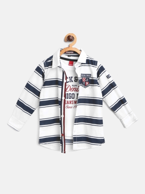 

RUFF Boys Navy Blue & White Slim Fit Striped Casual Shirt with T-shirt